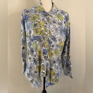 C.M.C. Floral button up top asymmetrical hem collar lightweight blue yellow SZ M